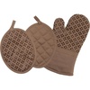 image:imageSticky Toffee Oven Mitt and Pot Holder Set of 3  Brown NonSlip Silicone Kitchen Hot Pads and Mitts 100 Cotton Shell OekoTex Cotton