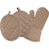 image:imageSticky Toffee Oven Mitt and Pot Holder Set of 3  Tan Kitchen Hot Pads and Mitts with NonSlip Silicone Grip 100 Cotton Shell OekoTex Cotton