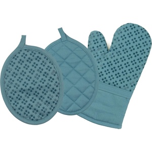 image:imageSticky Toffee Oven Mitt and Pot Holder Set of 3  Blue NonSlip Kitchen Hot Pads and Mitts with Silicone Grip 100 Cotton Shell OekoTex Cotton