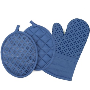 image:imageSticky Toffee Oven Mitt and Pot Holder Set of 3  Dark Blue NonSlip Silicone Kitchen Hot Pads and Mitts 100 Cotton Shell OekoTex Cotton