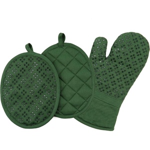 image:imageSticky Toffee Oven Mitt and Pot Holder Set of 3  Dark Green NonSlip Silicone Kitchen Hot Pads and Mitts 100 Cotton Shell OekoTex Cotton