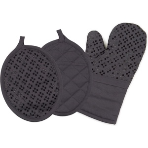 image:imageSticky Toffee Oven Mitt and Pot Holder Set of 3  Gray NonSlip Kitchen Hot Pads and Mitts with Silicone Grip 100 Cotton Shell OekoTex Cotton