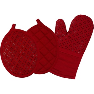 image:imageSticky Toffee Oven Mitt and Pot Holder Set of 3  Red NonSlip Silicone Kitchen Hot Pads and Mitts 100 Cotton Shell OekoTex Cotton