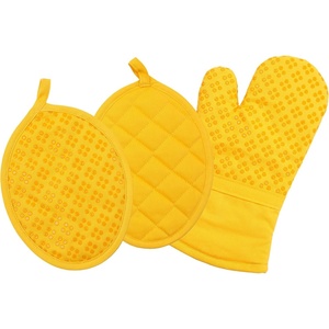 image:imageSticky Toffee Oven Mitt and Pot Holder Set of 3  Yellow NonSlip Kitchen Hot Pads and Mitts with Silicone Grip 100 Cotton Shell OekoTex Cotton