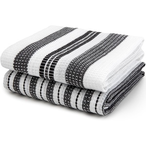 image:imageSticky Toffee Waffle Weave Kitchen Towels Set of 2 White and Gray Stripes 25 x 15 in Absorbent Cotton Hand and Dish Towels OekoTex Tea Towels