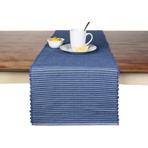 image:imageTable Runner Cotton Farmhouse Boho 14x72 in Table Dcor for Kitchen or Dining Blue Cloth Woven Ribbed Table Runners
